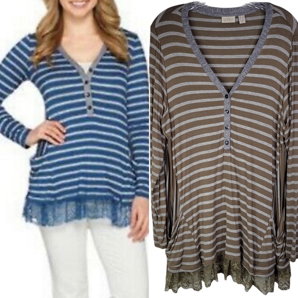 Logo Lori Goldstein Striped Pocket Lace Trim Tunic Top Women’s Plus 1X Henley